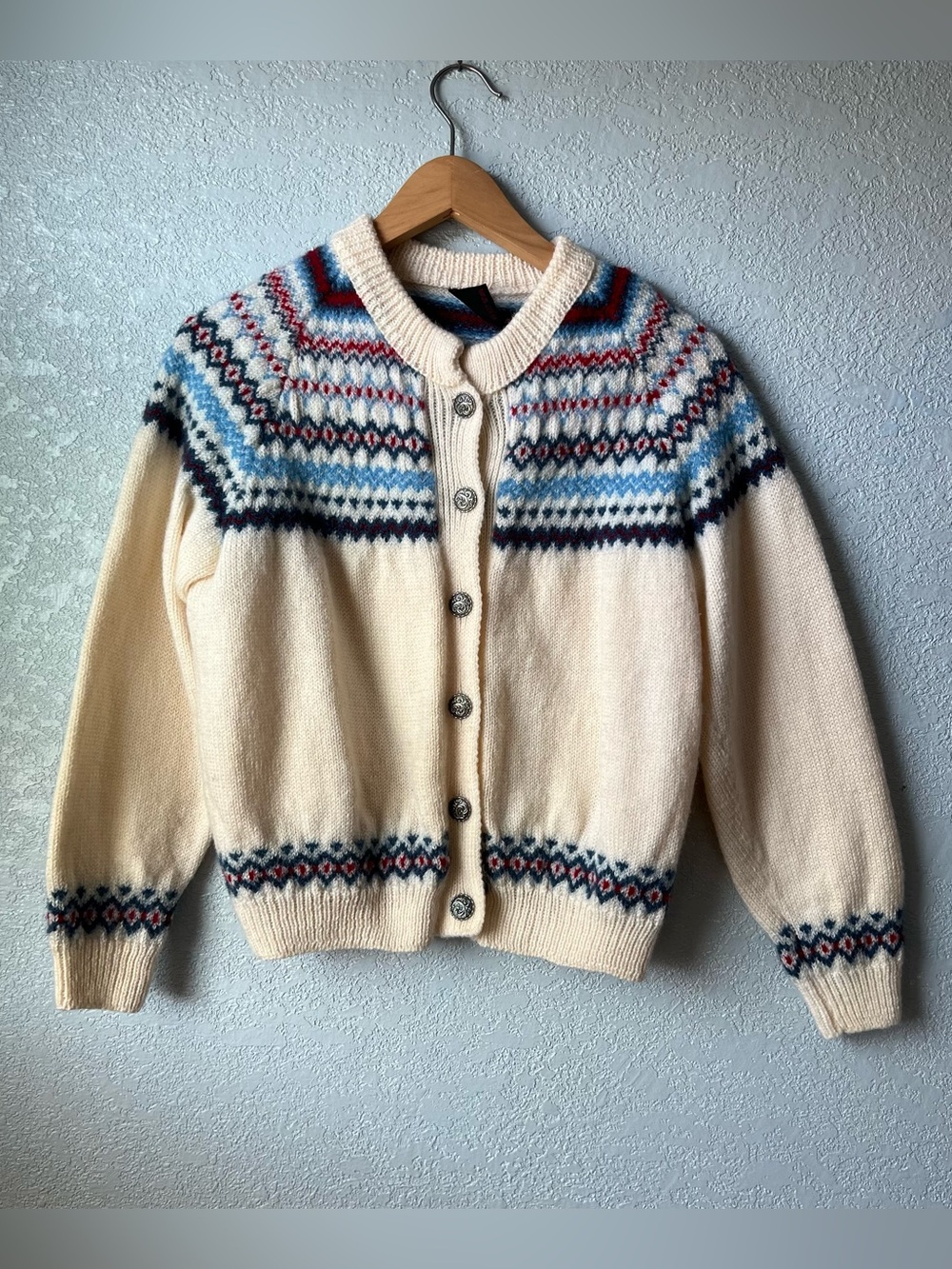 Vintage 80s Fleide Norway 100% Wool Fair Isle Nordic Cardigan Cozy Sweater S